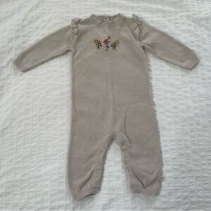 Viverano Floral Embroidered Ruffle Baby Sweater Jumpsuit Stone (Organic)